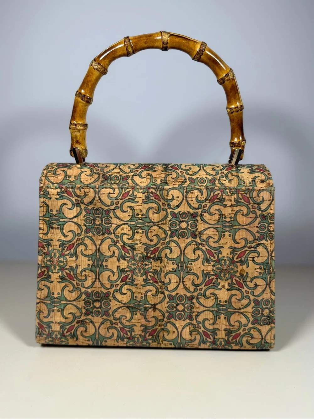 Unk Beige Patterned Bamboo-Handle Crossbody Bag with Gold Chain